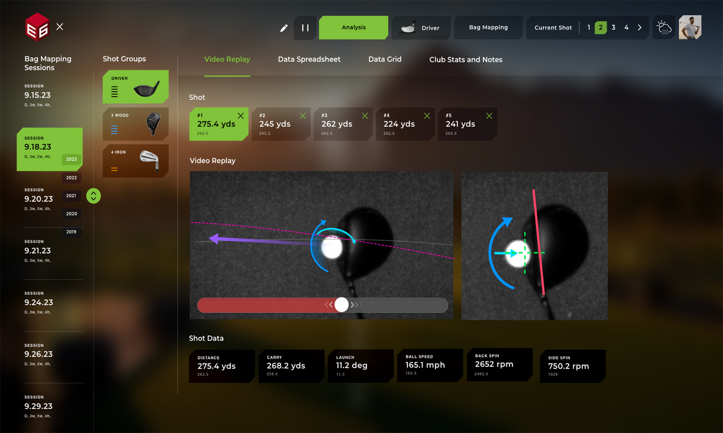 TruGolf E6 APEX post-shot video replay screen displaying club impact analysis, shot metrics, and side-by-side swing replay for driver bag mapping.