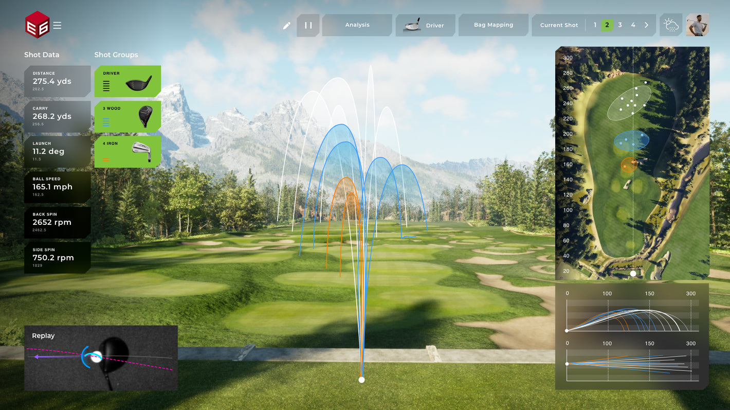 TruGolf E6 Range interface displaying ball flight trajectories, shot dispersion, club data, and launch monitor analytics on a virtual driving range.
