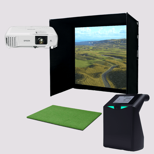 TruGolf Starter 10 Kit featuring the LaunchBox launch monitor, projector, hitting mat, and impact screen for an at-home golf simulator setup.