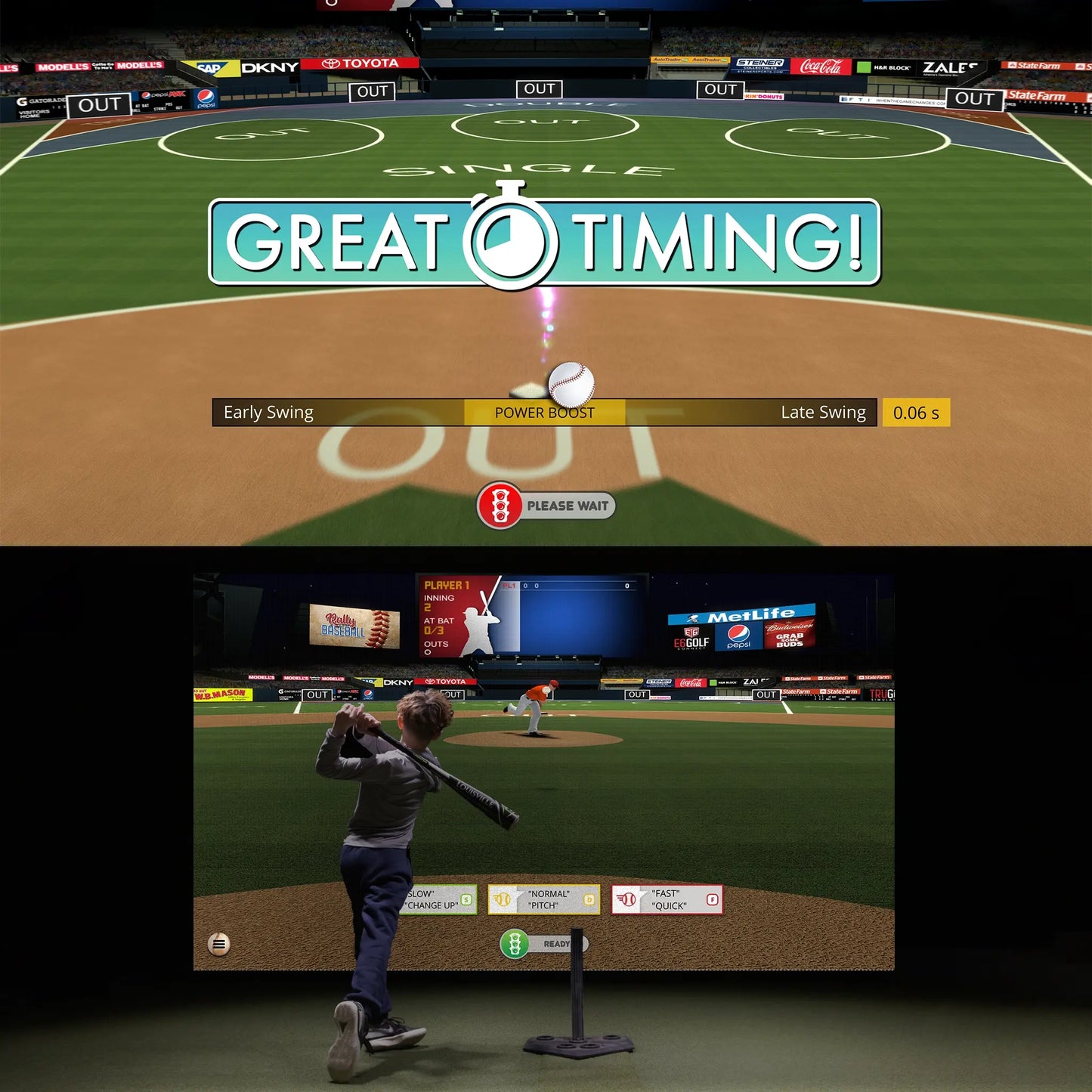 child playing baseball on indoor sports simulator with virtual pitcher and batting interface